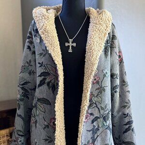 Sundance Coat Womens Gray Sakari Floral Reversible Sherpa Fleece Linen Jacket XS